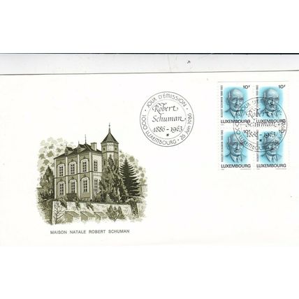 Luxembourg 1986 Robet Schuman block of 4 FDC Special cancelUnaddressed VGC