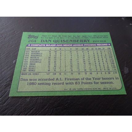 1982 Topps Card # 264A Dan Quisenberry Excellent-Mint (6) Kansas City Royals