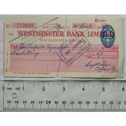1956 cheque Westminster Bank, Macclesfield, May & Wain