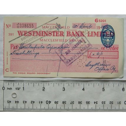 1956 cheque Westminster Bank, Macclesfield, May & Wain