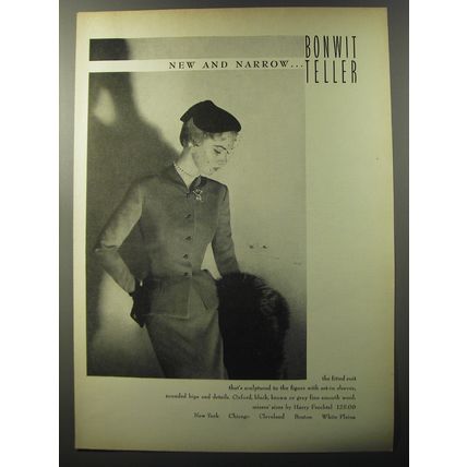 1953 Bonwit Teller Suit by Harry Frechtel Ad - New and Narrow