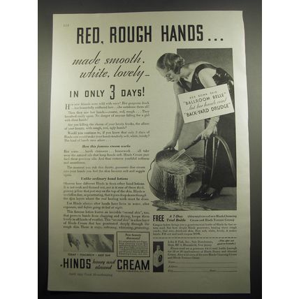 1933 Hinds Cream Ad - Red, rough hands.. made smooth, white, lovely