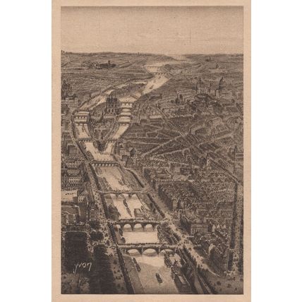 Paris River Map Style Antique Perspective Aerial French Postcard