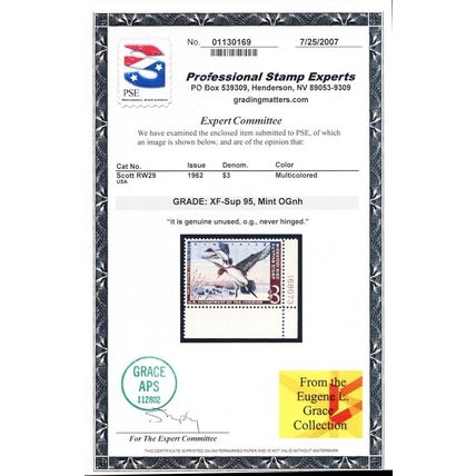 RW29, Mint NH XF/Superb $3 Duck Stamp - PSE Graded 95 * Stuart Katz