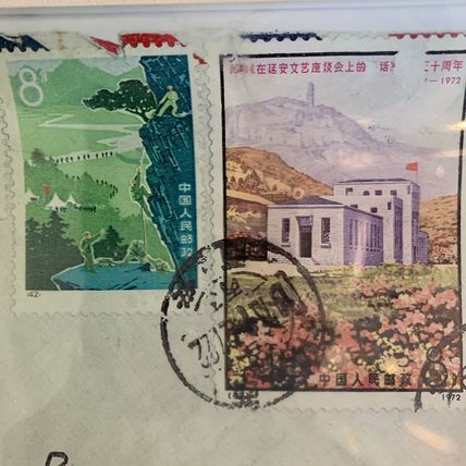 Heidi Rodale Glass Decoupage Tray "Postage Stamps" Robert Rodale Signed 2007 10"