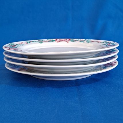 Lot 4 International CHRISTMAS RIBBONS Salad PLATES 7 3/4" Tableworks Holly