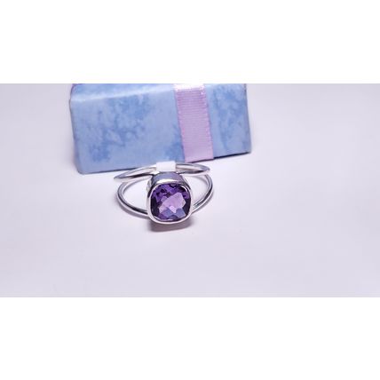 Estate 2ct Cushion Cut Amethyst Bezel Sterling Silver S-8 Split shank Ring#22117