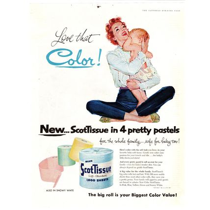1956 Scot Tissue Toilet Paper Roll Color Art Painting Woman Child Baby Print Ad