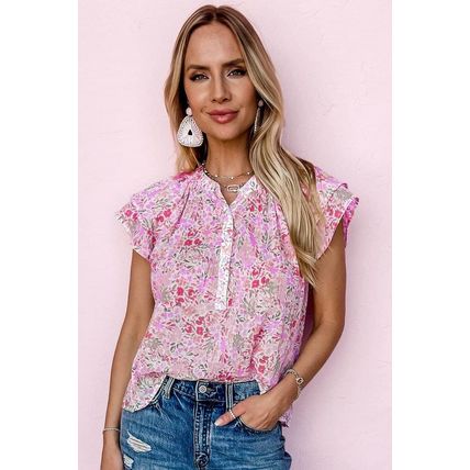 Pink Floral Mandarin Collar Top