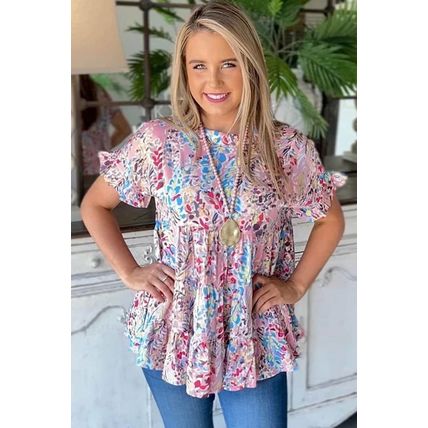 Pink Floral Print Ruffle Sleeve Babydoll Top