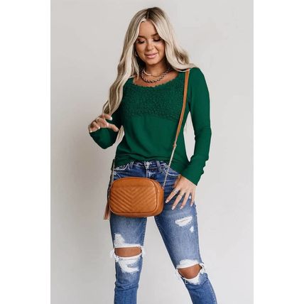Green Lace Crochet V Neck Long Sleeve Top
