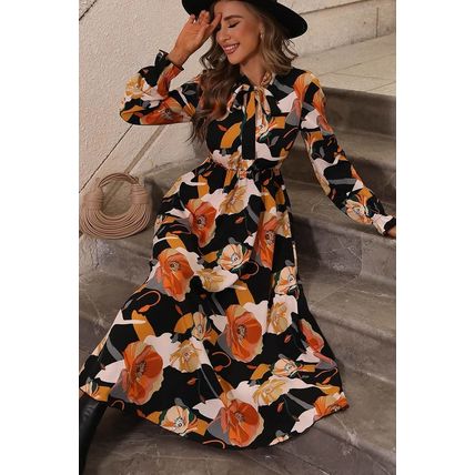 Orange Floral Print Tie Neck Long Sleeve Dress