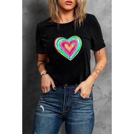 Black Valentine Heart Shaped Print Crew Neck T Shirt