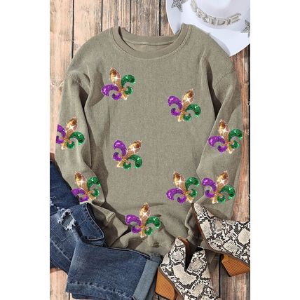 Green Glitter Mardi Gras Symbol Corded Baggy Sweatshirt