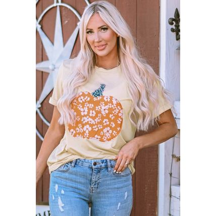 Khaki Sweet Floral Pumpkin Graphic Tee