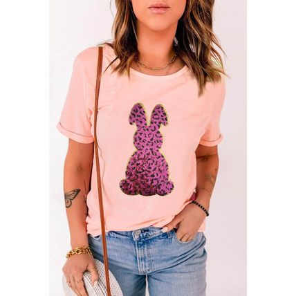 Pink Sequined Leopard Bunny Easter Graphic Tee