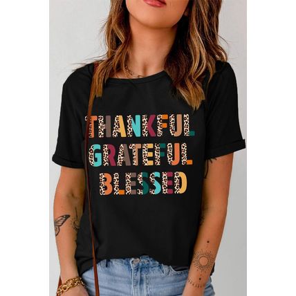 Black Thankful Grateful Blessed Leopard Print Crewneck T Shirt