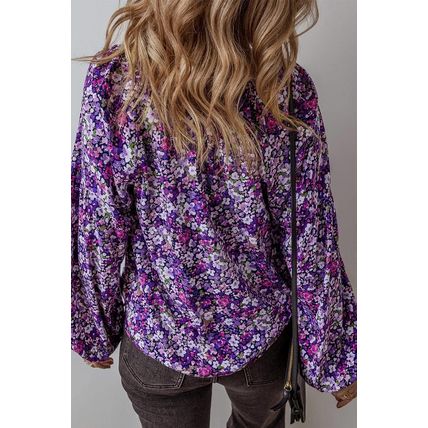 Purple Boho Flower Split V Neck Bubble Sleeve Blouse