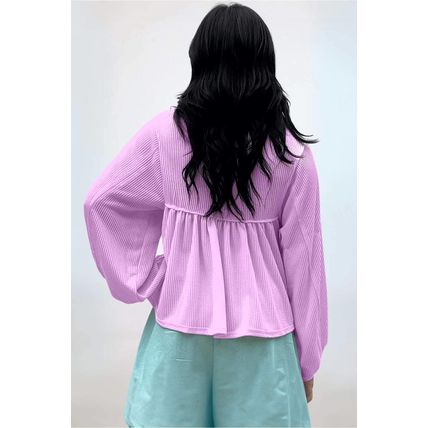 Phalaenopsis Corded Turn-down V Neck Bubble Sleeve Babydoll Blouse