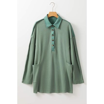 Smoke Green Waffle Long Sleeve Collar Half Button Loose Top