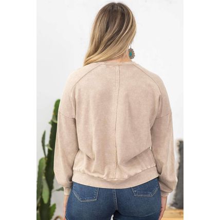 Pale Khaki Floral Peace Sign Graphic Washed Terry Plus Size Sweatshirt