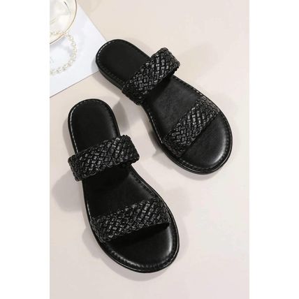 Black Braided Double Band Leathered Flat Slippers
