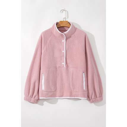 Fushia Stand Neck Half Button Zip Pocket Plush Sweatshirt