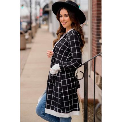 Black Plaid Colorblock Edge Open Cardigan with Pocket