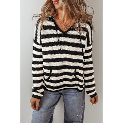 White Stripe V Neck Pocketed Drawstring Hooded Sweater