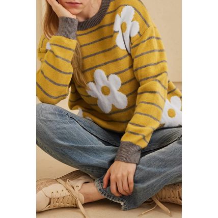 Yellow Stripe Daisy Floral Knitted Round Neck Sweater