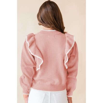 Light Pink Ruffled Bowknot Ribbed Trim Long Sleeve Sweater