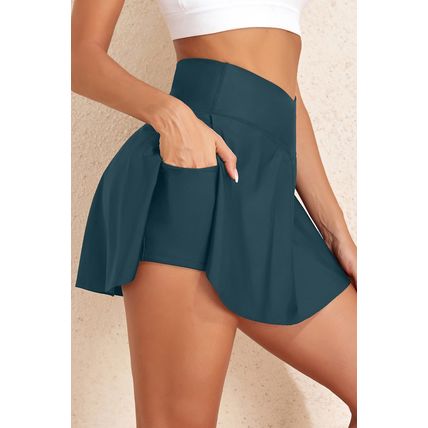 Sea Green Solid Pocketed Crossover High Waist Swim Skort