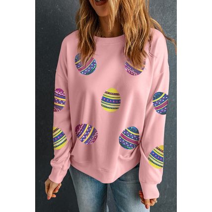 Pink Sequined Bunny Egg Easter Day Pullover Sweatshirt