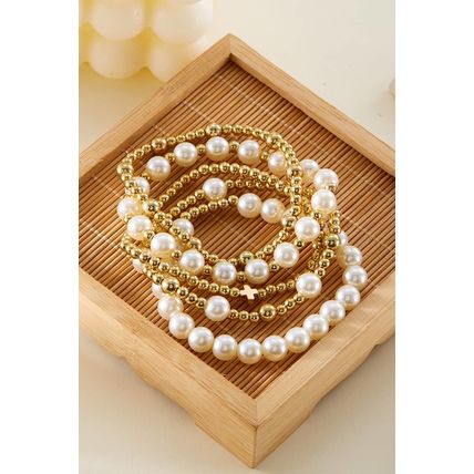 Gold Cross Pearls Decor Plated Beaded Multi Layer Bracelets