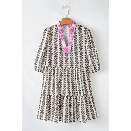 Black Contrast Floral V Neck Printed Bracelet Sleeve Dress