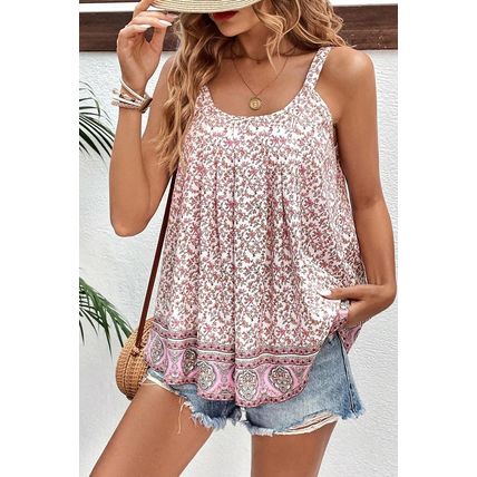 Pink Bohemian Floral Pleated U Neck Vest