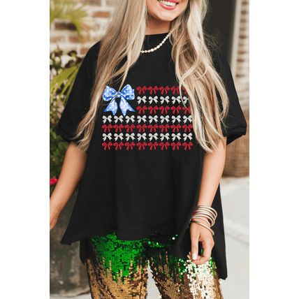 Black American Flag Inspired Bow Graphic Drop Shoulder T Shirt