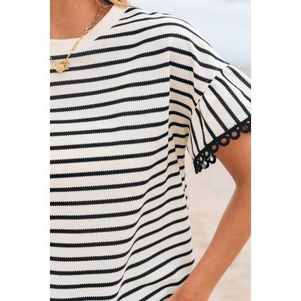 Black Stripe Scallop Lace Trim Ruffle Short Sleeves Crewneck Top