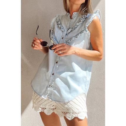 Beau Blue Mineral Wash Cap Sleeve Frilled Button Up Denim Shirt