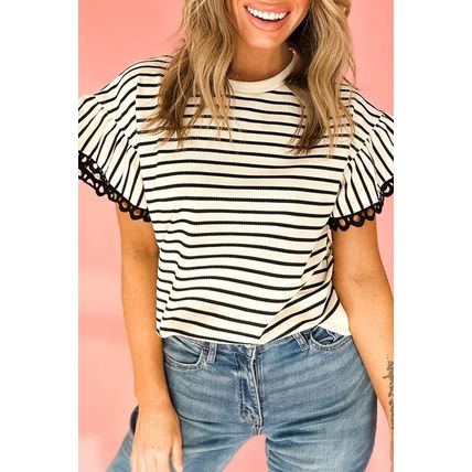 Black Stripe Scallop Lace Trim Ruffle Short Sleeves Crewneck Top