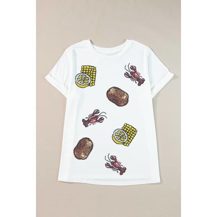 White Plus Size Sequin Crawfish Summer Fine Food Graphic Tee