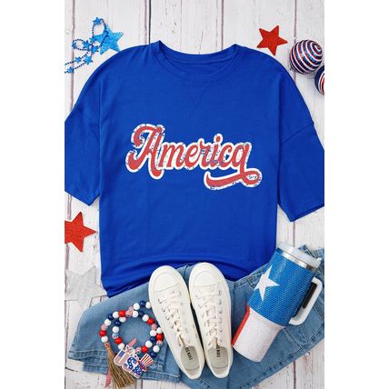 Dark Blue Contrast America Graphic Drop Shoulder Tee