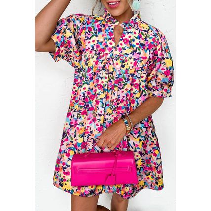 Pink Floral Puff Short Sleeve V Neck Mini Dress