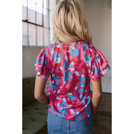 Rose Red Ruffled Sleeve Floral Blouse