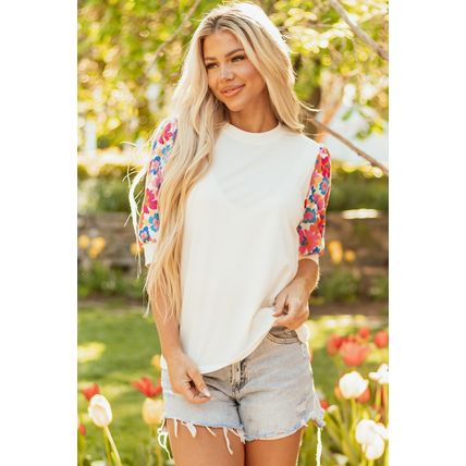 Beige Floral Puff Sleeve Patchwork Round Neck Top