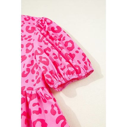 Rose Leopard Puff Sleeve Tie Front High Waist Mini Dress