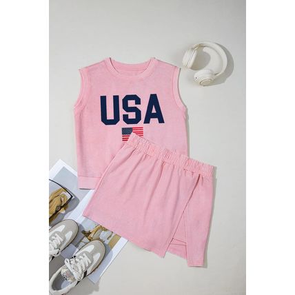 Light Pink USA Flag Graphic Tank Top and Skort Short Set