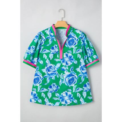 Green Floral Print Short Puff Sleeve Plus Size Top