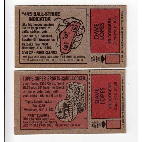 Both 1981 Topps Scratch-Off Variations Dave Lopes #92 cards –Scratchoffs-Dodgers