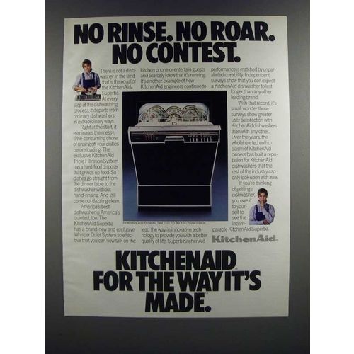 1986 KitchenAid Superba Dishwasher Ad - No Rinse. No Roar. No Contest